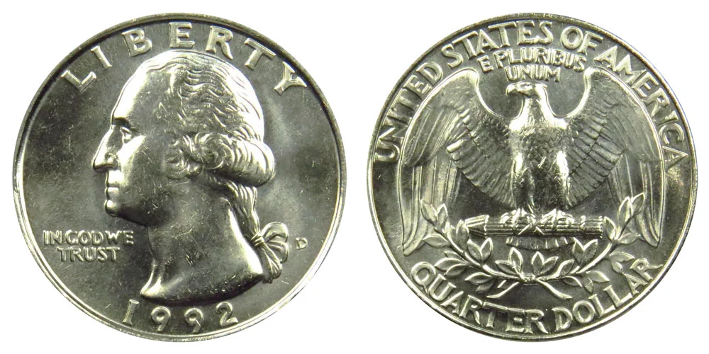 1992-D Washington quarter in gem uncirculated condition showing full mint luster on obverse