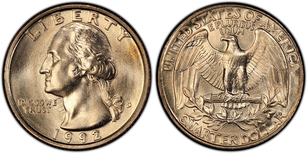 1992 Washington quarter grading strip showing four condition tiers from worn to gem uncirculated
