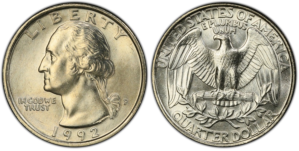 Side-by-side comparison of a worn 1992 quarter versus a gem MS-67 1992-D quarter showing difference in luster and detail