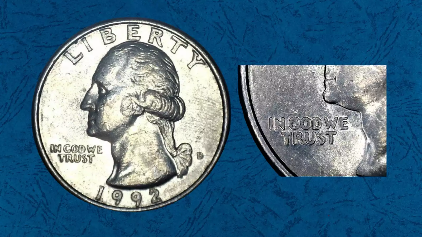 1992 quarter Doubled Die Obverse error showing doubling on LIBERTY lettering