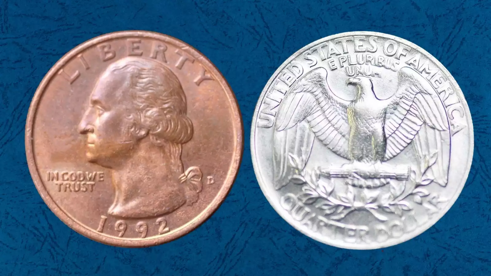 1992 quarter missing clad layer error showing exposed copper core on obverse