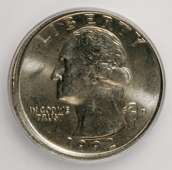 1992 quarter broadstrike error with spread design, larger diameter, and smooth unreeded edge