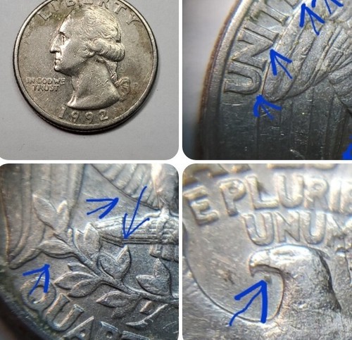 1992 quarter Doubled Die Reverse error showing doubling on eagle and E PLURIBUS UNUM