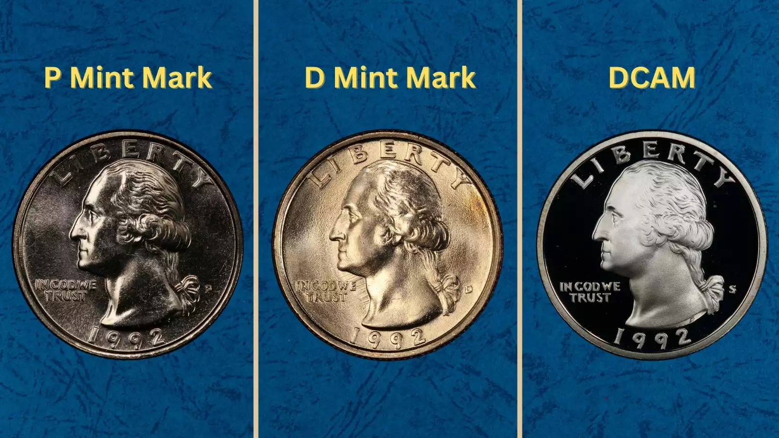 Group of 1992 Washington quarters showing different grades from worn to gem uncirculated